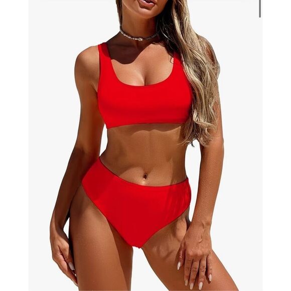 NEW Bikini Set 2 Pc High Waisted Swimsuit Sporty Scoop Neck Bathing Suit L - Picture 1 of 5